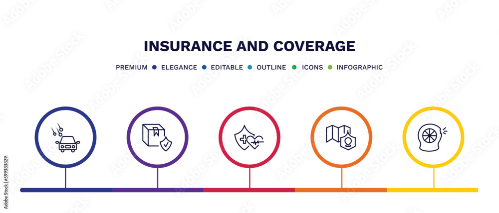 set of insurance and coverage thin line icons. insurance and coverage outline icons with infographic template. linear icons such as hail on the car, cargo insurance, health coverage area, puncture set of insurance and coverage thin line icons. insurance and coverage outline icons with infographic template. linear icons such as hail on the car, cargo insurance, health coverage area, puncture