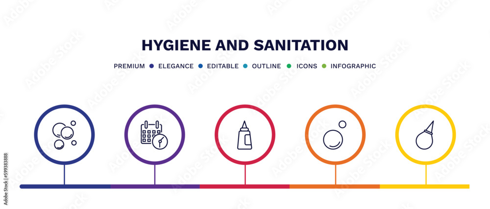 set of hygiene and sanitation thin line icons. hygiene and sanitation outline icons with infographic template. linear icons such as bubbles, appointment book, hair tonic, bubble, l aspirator vector. - obrazy, fototapety, plakaty 