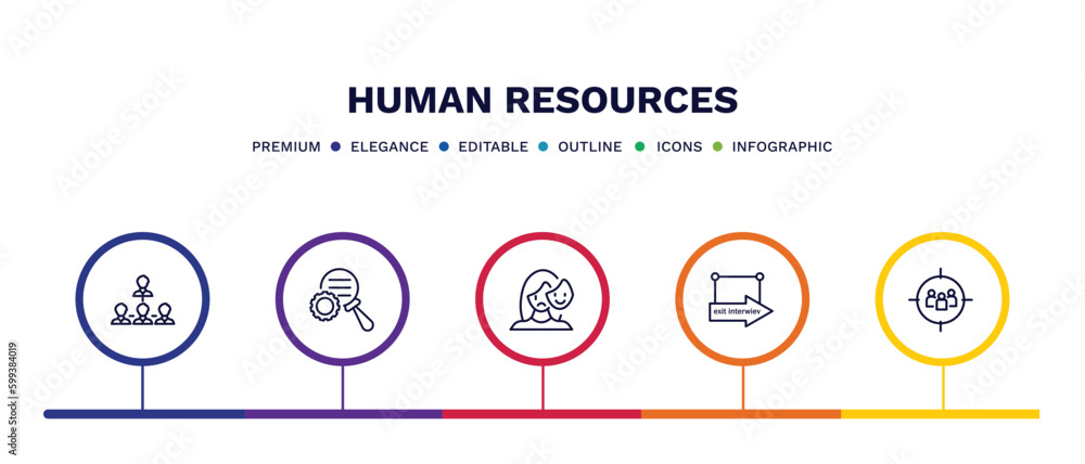 set of human resources thin line icons. human resources outline icons with infographic template. linear icons such as company structure, due diligence, appearance, exit interview, target audience