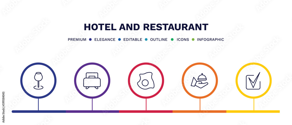 set of hotel and restaurant thin line icons. hotel and restaurant outline icons with infographic template. linear icons such as wine glass, single bed, fried egg, room service, check in vector. set of hotel and restaurant thin line icons. hotel and restaurant outline icons with infographic template. linear icons such as wine glass, single bed, fried egg, room service, check in vector.