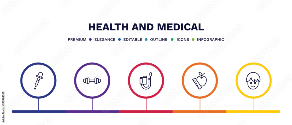 set of health and medical thin line icons. health and medical outline icons with infographic template. linear icons such as pipette, gym, sphygmomanometer, nutrition, boy vector.