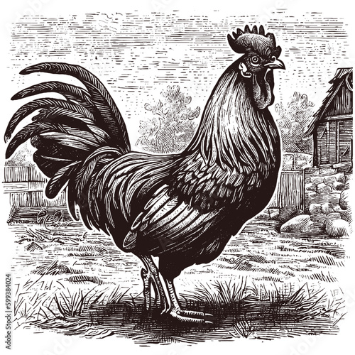 rooster on a farm vintage illustration 