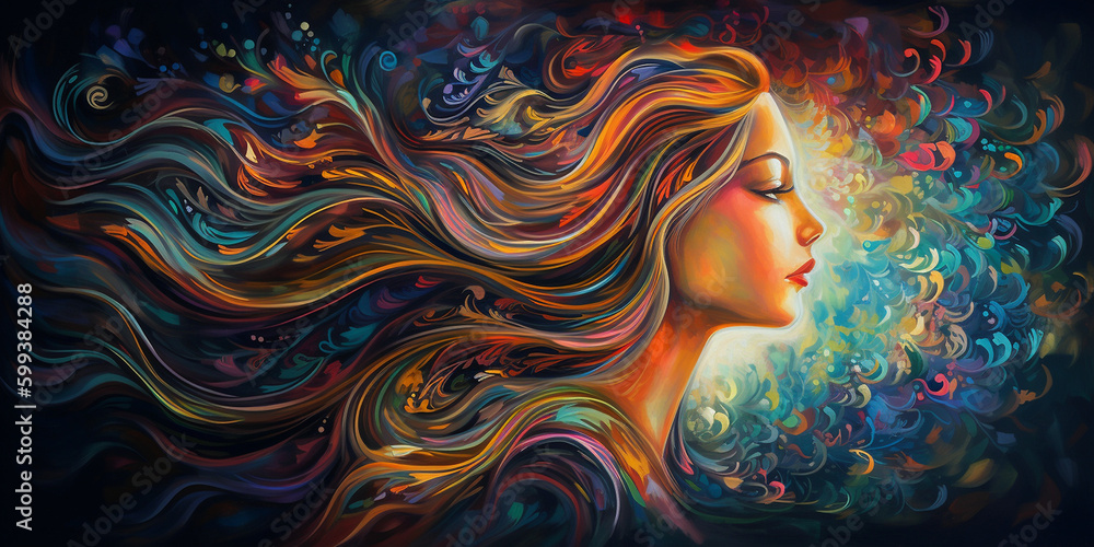 Gesicht einer schönen Frau mit fliegenden Haar im Blumenmeer Nahaufnahme, ai generativ