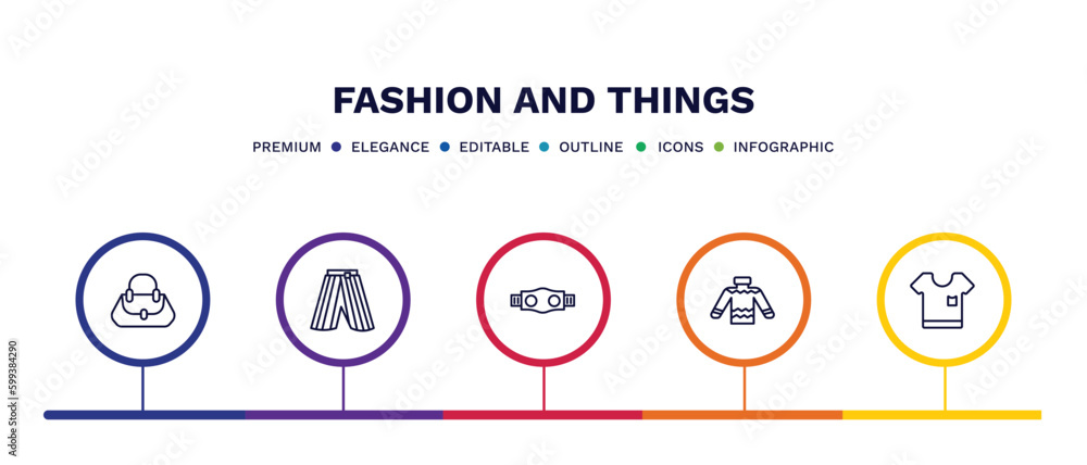 set of fashion and things thin line icons. fashion and things outline icons with infographic template. linear icons such as woman bag, hakama, gym belt, skein, white t shirt vector. set of fashion and things thin line icons. fashion and things outline icons with infographic template. linear icons such as woman bag, hakama, gym belt, skein, white t shirt vector.