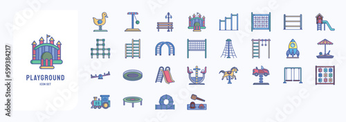 A collection sheet of linear color icons for Playground, including icons like Ball Pool, Chin Up bar, Jumping Bar, Rings, See saw and more