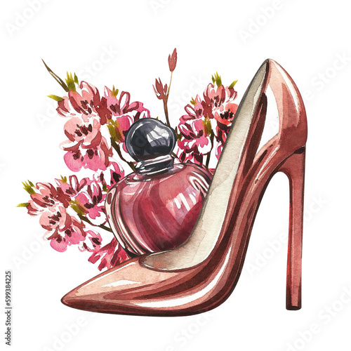 Red heeled shoe, glass perfume bottle with flowers isolated on white. Watercolor hand drawn illustration. Art for design
