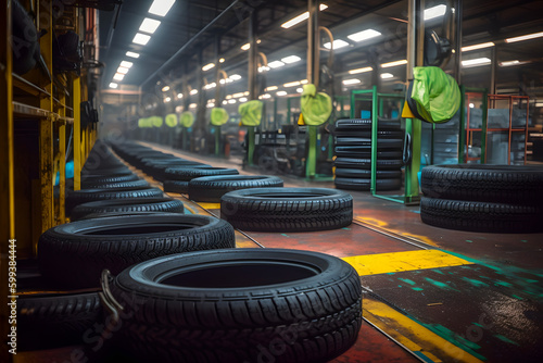 Raw automobile tires along production plant storage. Generative AI.