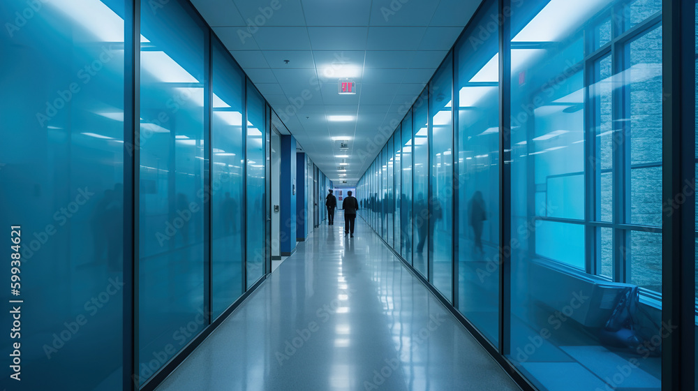 people walk down a hallway in an office building with blue glass wall panels. Generative Ai people walk down a hallway in an office building with blue glass wall panels. Generative Ai