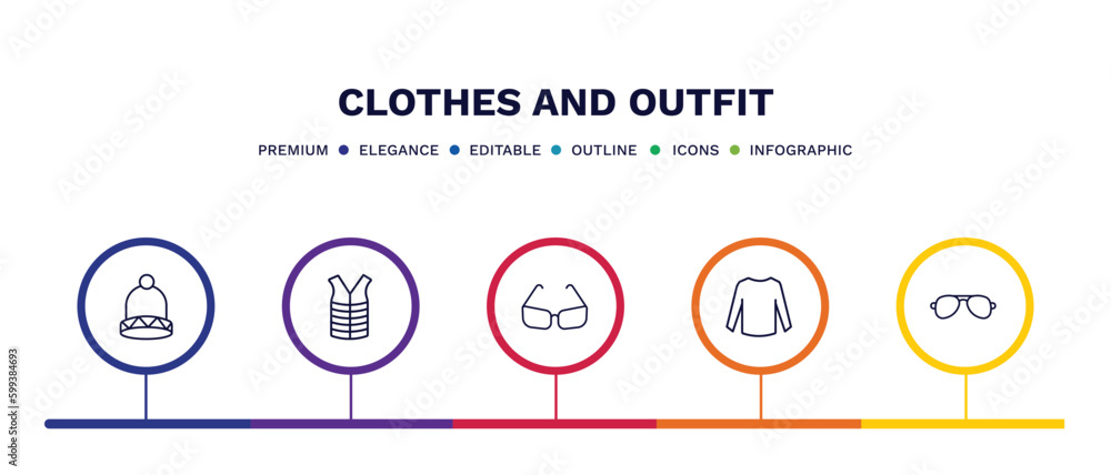 set of clothes and outfit thin line icons. clothes and outfit outline icons with infographic template. linear icons such as knit hat with pom pom, padded vest, cat eye glasses, long sleeves t shirt, set of clothes and outfit thin line icons. clothes and outfit outline icons with infographic template. linear icons such as knit hat with pom pom, padded vest, cat eye glasses, long sleeves t shirt,