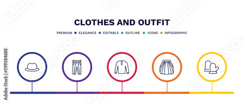 set of clothes and outfit thin line icons. clothes and outfit outline icons with infographic template. linear icons such as men hat, oxford wave suit pants, nylon jacket, tulle skirt, wool gloves