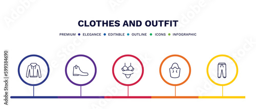 set of clothes and outfit thin line icons. clothes and outfit outline icons with infographic template. linear icons such as hooded jacket, leather chelsea boots, lingerine, bucket bag, sweatpants