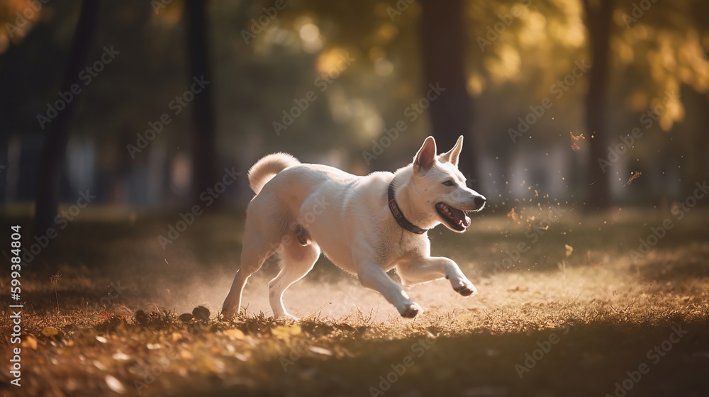Dog Running through a Sunny Park. Generative Ai