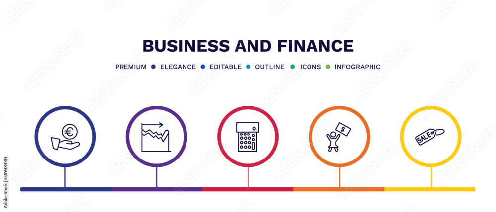 set of business and finance thin line icons. business and finance outline icons with infographic template. linear icons such as euro coin on hands, dual chart, calculator maths tool, woman with