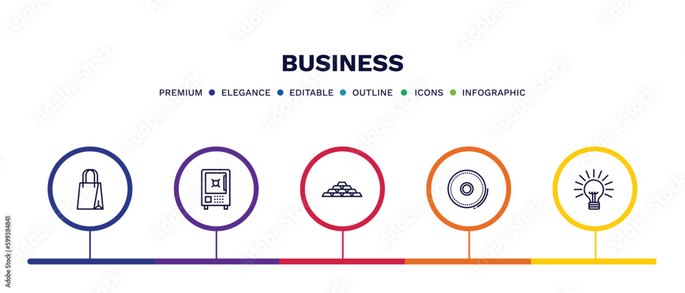 set of business thin line icons. business outline icons with infographic template. linear icons such as supermarket bag, big safe, stack of gold, full circle, round light bulb vector. set of business thin line icons. business outline icons with infographic template. linear icons such as supermarket bag, big safe, stack of gold, full circle, round light bulb vector.