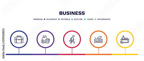 set of business thin line icons. business outline icons with infographic template. linear icons such as business briefcase, finance, employee going to work, statistical chart, director desk vector.