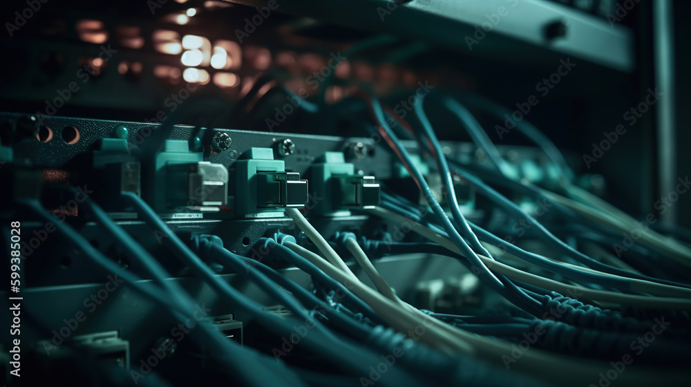 network equipment panel with cables and wires on it. Generative Ai network equipment panel with cables and wires on it. Generative Ai