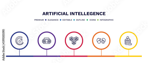 set of artificial intellegence thin line icons. artificial intellegence outline icons with infographic template. linear icons such as velocity, stereoscope, hexagons, turing test, data security