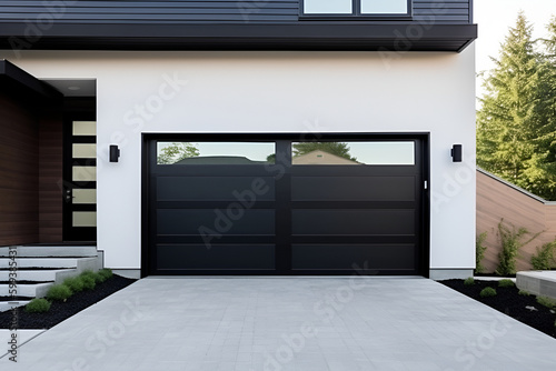 Modern Black Garage Door with Windows: AI Generated Image