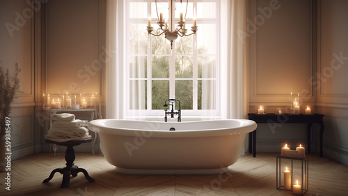 a white bathtub in a living room with candle. Generative Ai