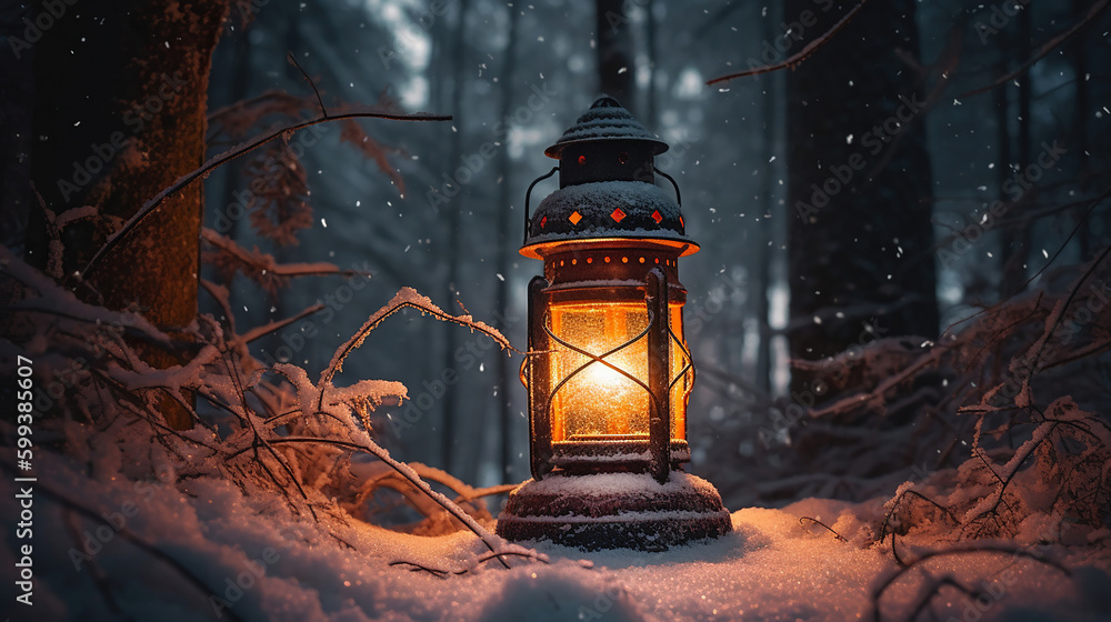 lantern lit up in the snow. Generative Ai