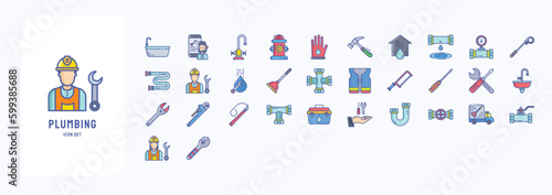 A collection sheet of linear color icons for Plumbing, including icons like Customer, Fire Hydrant, water, Meter and more