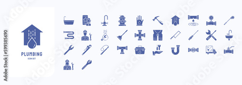 A collection sheet of solid icons for Plumbing, including icons like Customer, Fire Hydrant, water, Meter and more