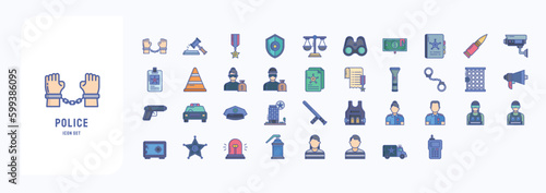 A collection sheet of linear color icons for Police and Law, including icons like Arrest, Auction, Bullet, Binoculars and more