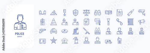A collection sheet of outline icons for Police and Law, including icons like Arrest, Auction, Bullet, Binoculars and more