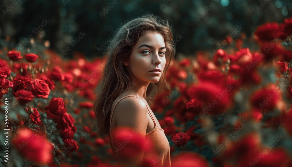junge Frau in einem Wildgarten mit roten Rosen, generative AI junge Frau in einem Wildgarten mit roten Rosen, generative AI