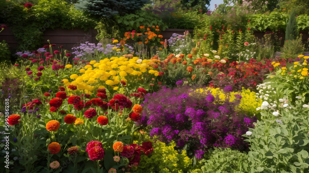 A vibrant flower garden with an array of colors, including purple, yellow, and red, in a sunny backyard A vibrant flower garden with an array of colors, including purple, yellow, and red, in a sunny backyard