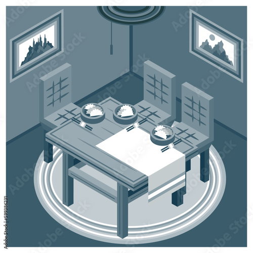 Interior of a cozy dining room, restaurant with a wooden table and three chairs. On the table - a white napkin, plates with Chinese dumplings and chopsticks. Blue palette