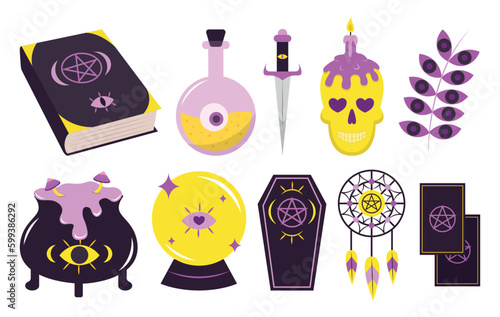 Set of occult objects in cartoon style. Vector illustration of occult symbols: book with pentagram, potion, dagger, skull, potion cauldron, magic layer, dream catcher and cards.