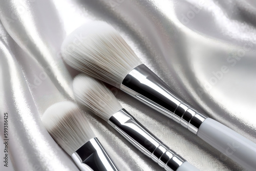 Professional sleak silver makeup brushes on silver white silk fabric photo