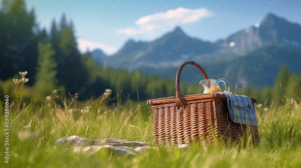 Picnic basket on a table against the background of nature. Rest and summer mood. Generative Ai Picnic basket on a table against the background of nature. Rest and summer mood. Generative Ai