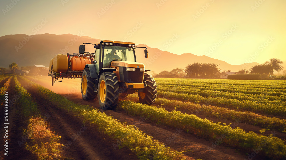Fototapeta premium farmer spraying field of vegetables with tractor. Generative Ai
