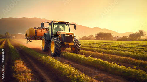 farmer spraying field of vegetables with tractor. Generative Ai