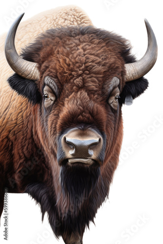 an isolated Bull Bison/Buffalo portrait, preservation, Tatanka bison plains wildlife, Wildlife-themed, photorealistic illustration on a transparent background cutout in PNG. Generative AI
