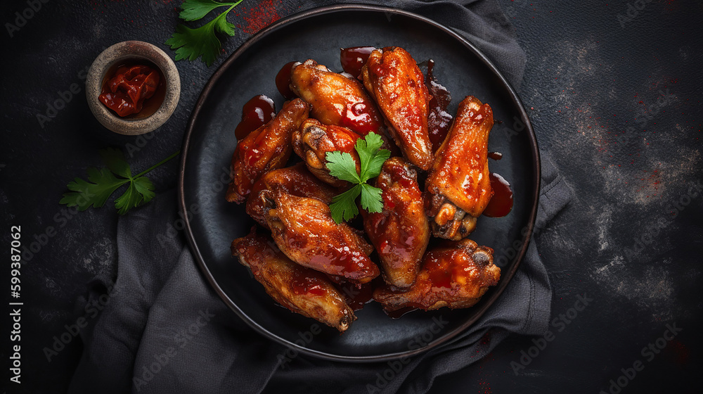 Grilled spicy chicken with ketchup on a black plate on a dark slate. Generative Ai Grilled spicy chicken with ketchup on a black plate on a dark slate. Generative Ai