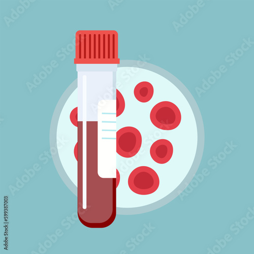 Glossy medical test-tube with red blood composition infographic isolated on blue background