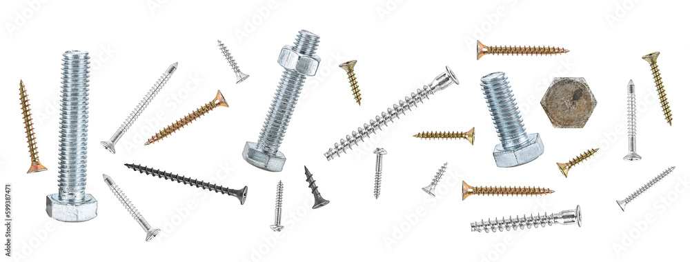 Set of different screws and bolts isolated on a white background, top view. Set of different screws and bolts isolated on a white background, top view.