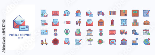 A collection sheet of linear color icons for Postal Service, including icons like Assurance, Barcode, Cargo boat, Envelop and more