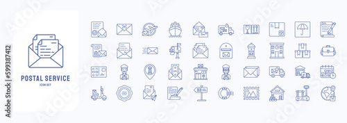 A collection sheet of outline icons for Postal Service, including icons like Assurance, Barcode, Cargo boat, Envelop and more