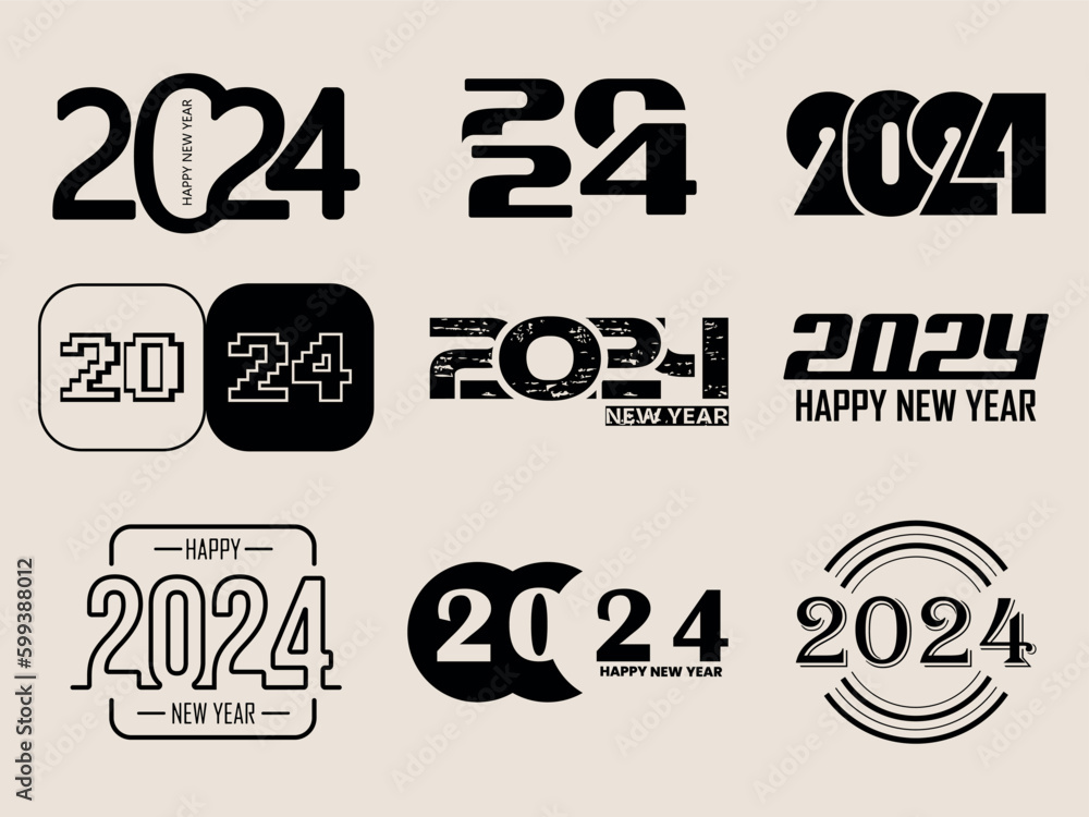 Modern, futuristic 2024 design template set. 2024 design with Happy New Year logo text. Christmas collection 2024. Vector illustration for logo, design, templates, calendars, diaries, covers, postcard Modern, futuristic 2024 design template set. 2024 design with Happy New Year logo text. Christmas collection 2024. Vector illustration for logo, design, templates, calendars, diaries, covers, postcard