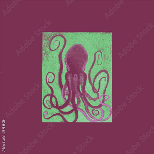 Hand drawn illustration octopus, vector art on garnet background