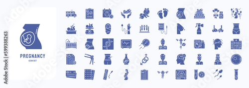 A collection sheet of solid icons for Pregnancy and Maternity, including icons like Mother, Baby, Baby Shower, Doctor and more