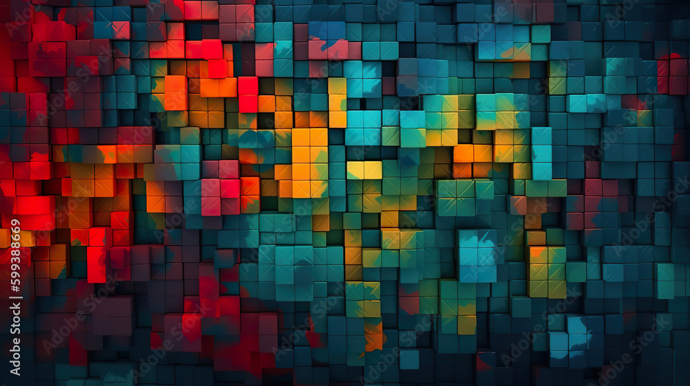 Abstract beautiful colored tiles graphic wallpaper. Cubes and squares seamless pattern texture. Background for design as banner ads and presentation concept. 2D illustration. Generative AI