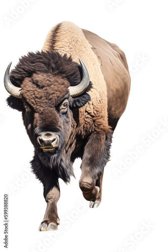 an isolated Bull Bison, Buffalo, standing, 3/4, and frontal view, an American icon, Indian icon with Ranch-themed, photorealistic illustrations cutout, in PNG. generative ai