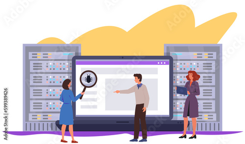 QA team of specialists, quality assurance concept. Software testing illustration. Testers looking for bug. Senior and junior engineers. Bug report.  Flat vector illustration. 