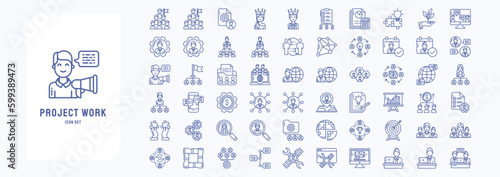 A collection sheet of outline icons for Project work, including icons like Achievement, Employee, Briefing, Business and finance and more