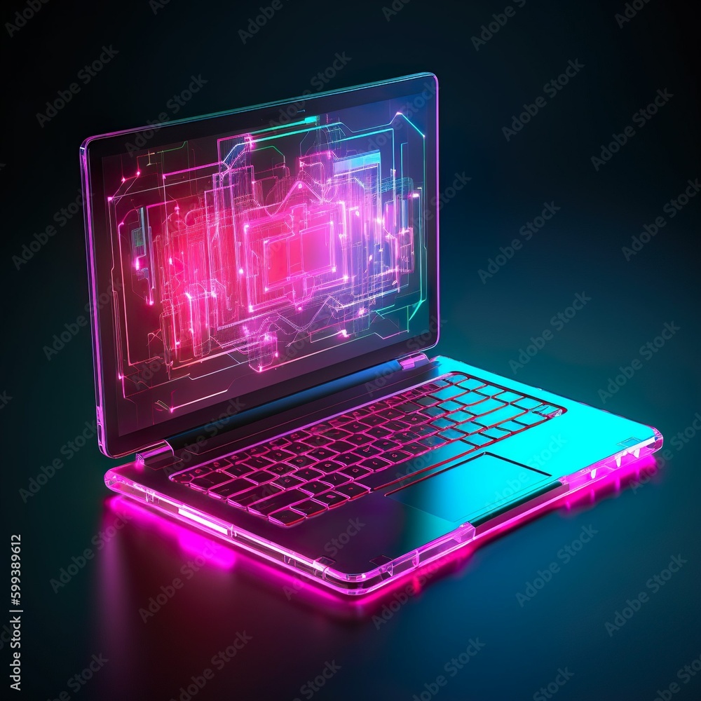 Laptop with bright pink and neon lights, ai generated Laptop with bright pink and neon lights, ai generated